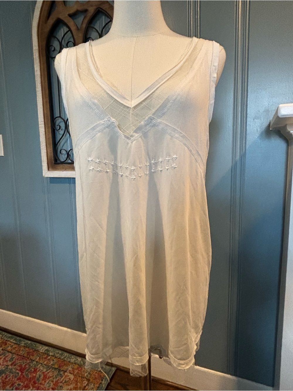 Sexy Fairy Whimsigoth Cream V-Neck Knit Tank Mesh Embroidered Trim Hem Light M